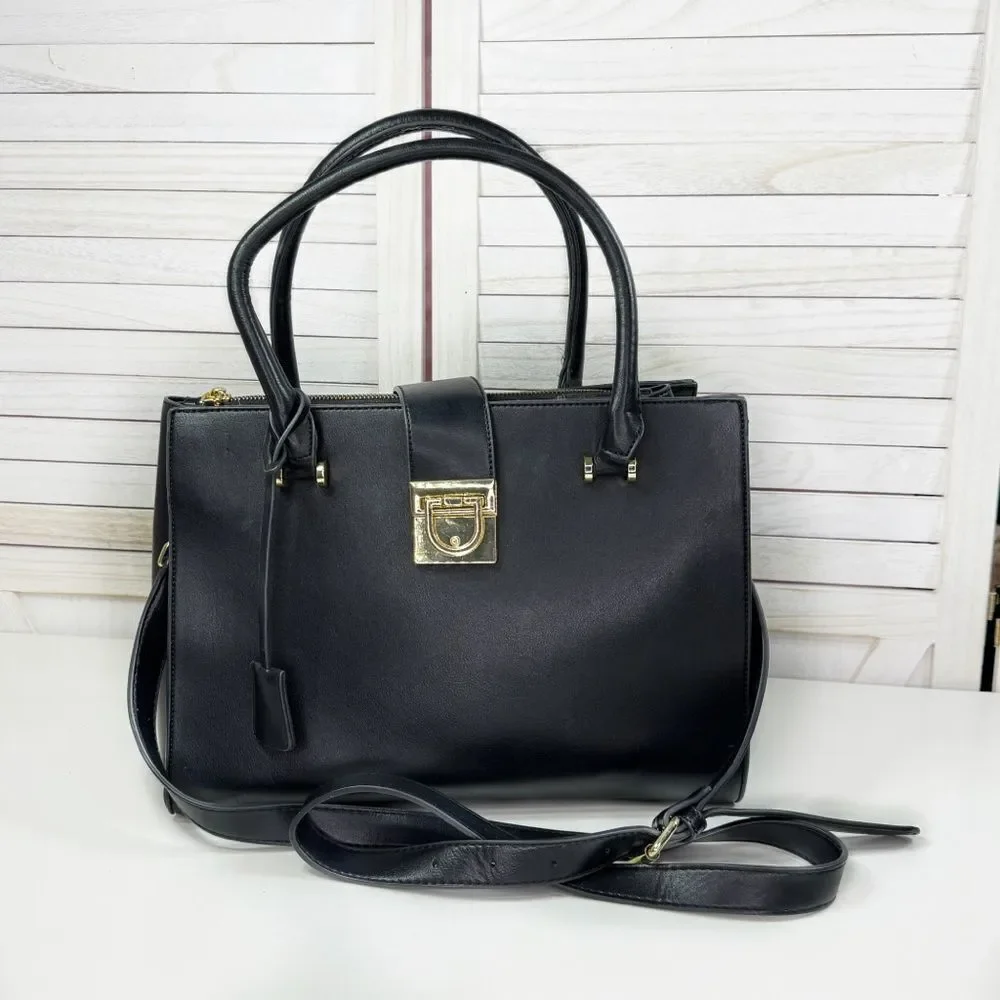 La Terre Multi Compartment Satchel Bag Handbag Purse Black Large